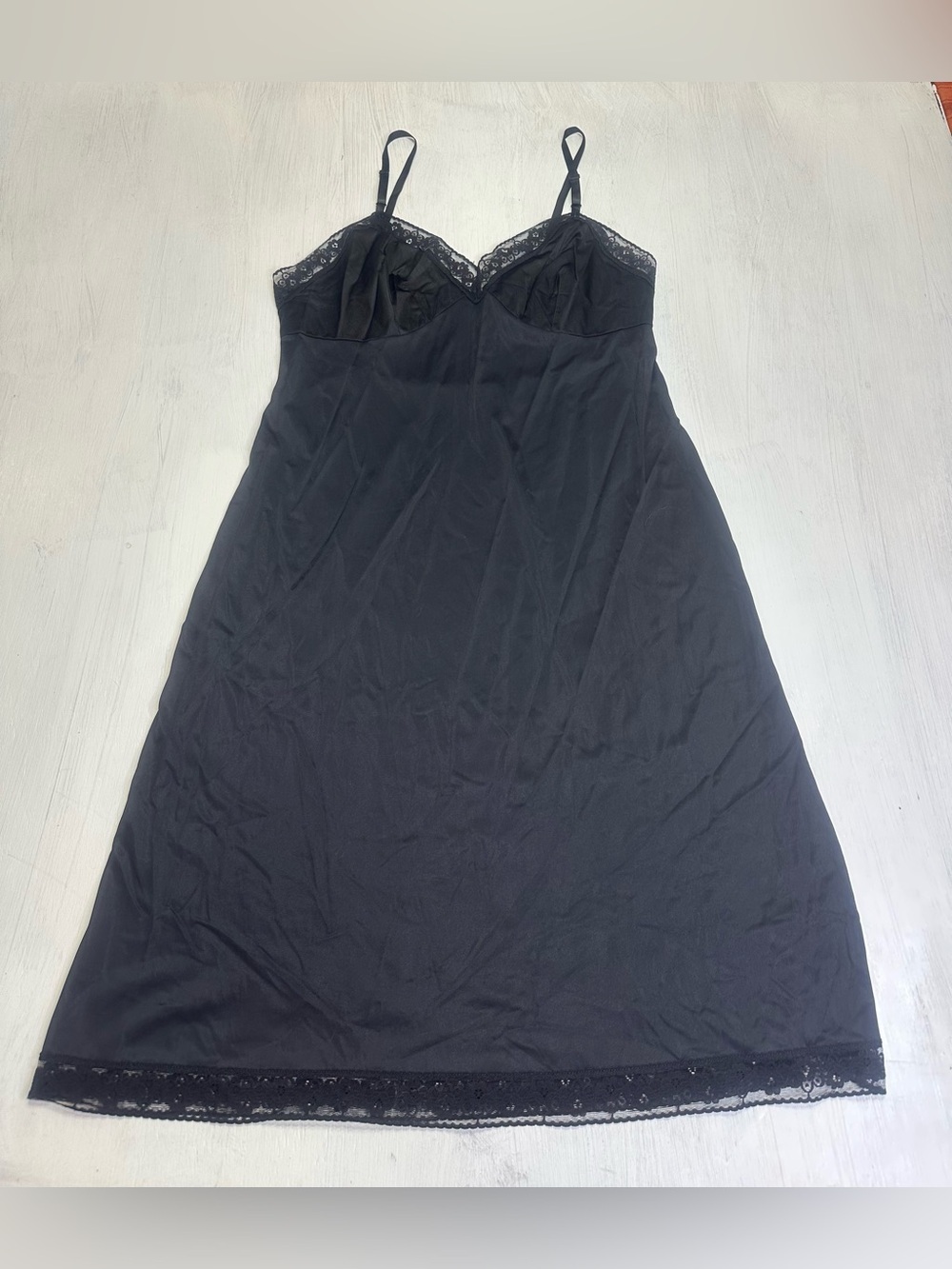 Vintage Vanity Fair Black Nylon Lace Slip Dress 90s Lingerie Size 38 USA